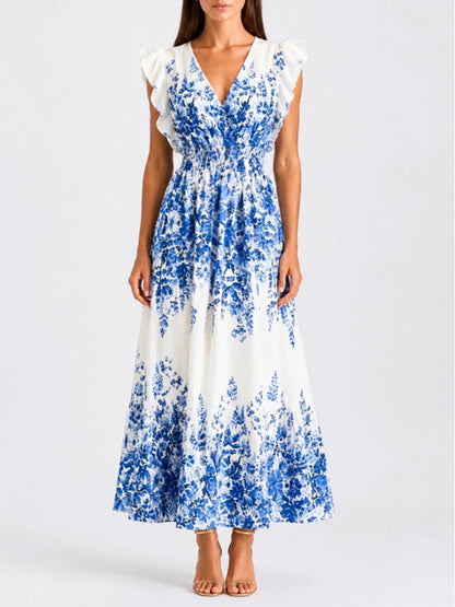 Blue-White Porcelain Print V-Neck Maxi Dress