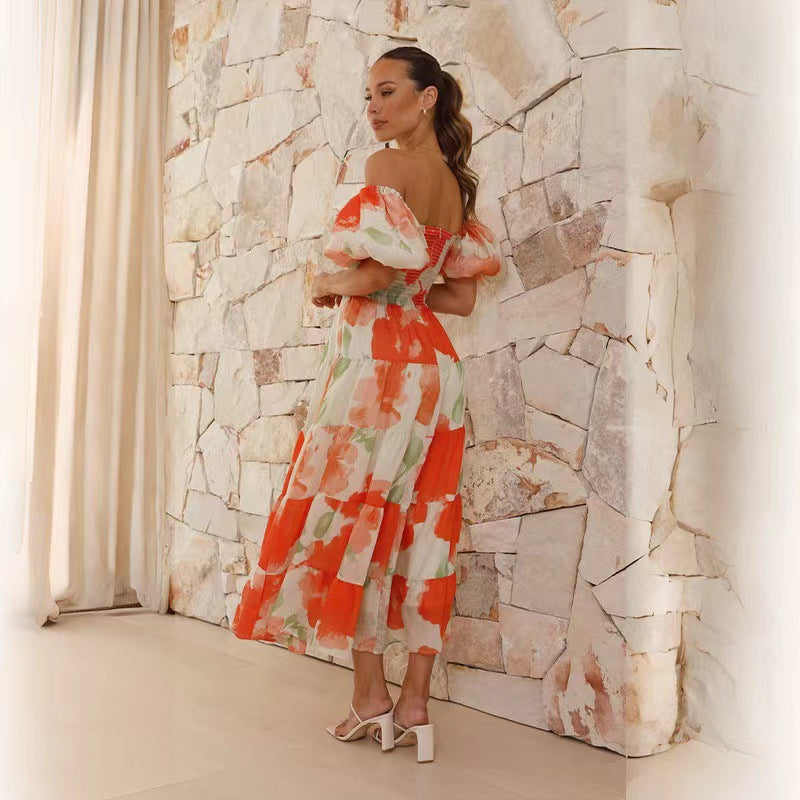 Printed puff-sleeve maxi dress with full flared skirt