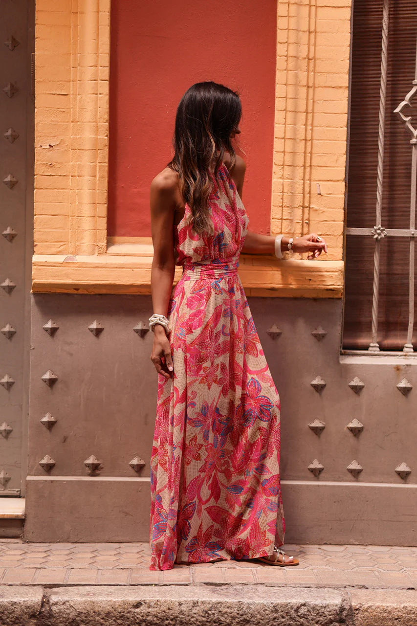 Printed Wrap-Style halter Ruched Maxi Dress - Red