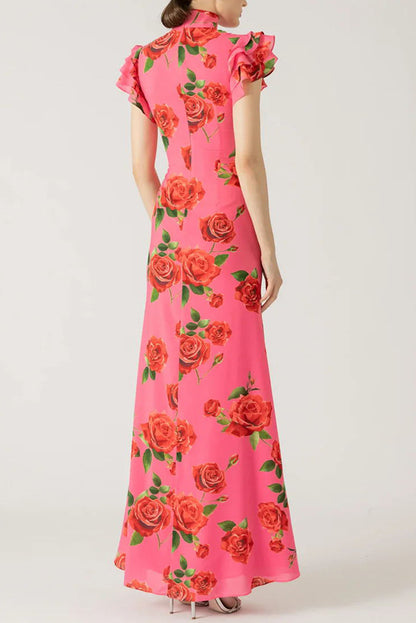 ruffle sleeve floral print bodycon maxi dress