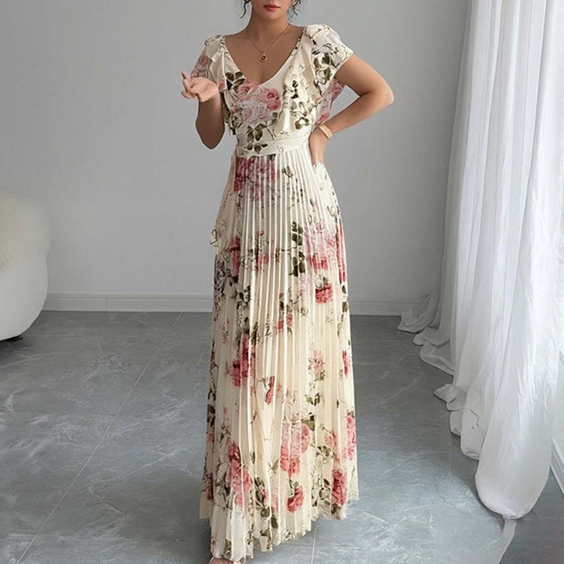 floral print ruffle sleeve V-neck pressed pleated long dress