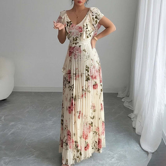 floral print ruffle sleeve V-neck pressed pleated long dress