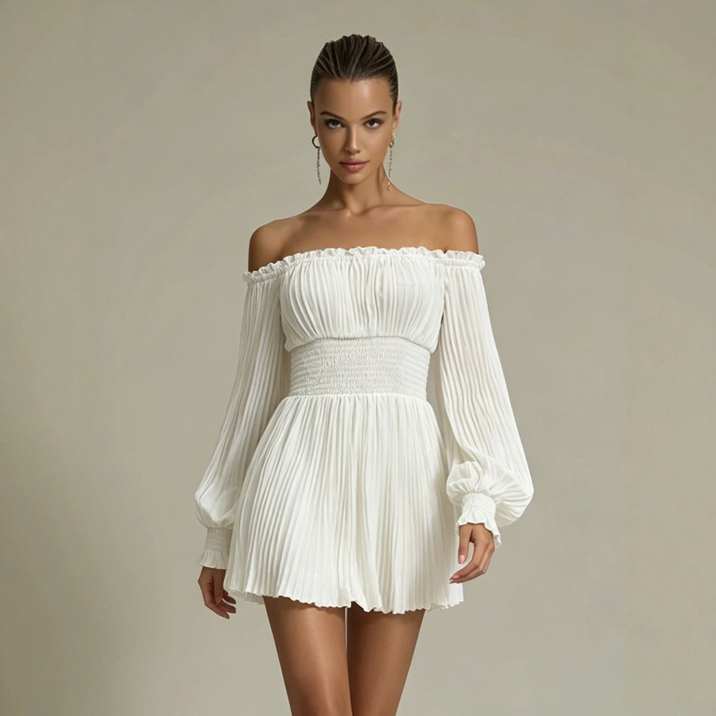 Ruched off-the-shoulder long-sleeve waist-cinching mini dress - white
