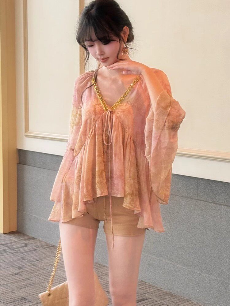 Sequined floral chiffon blouse