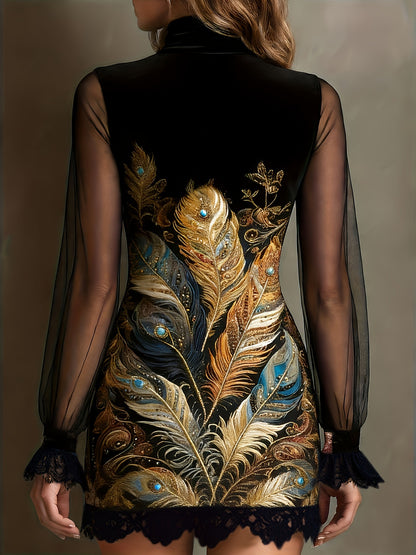 Lace trim and printed mesh bodycon mini dress