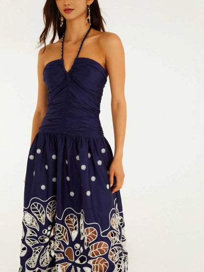 Printed halter-neck hollow midi dress - navy blue