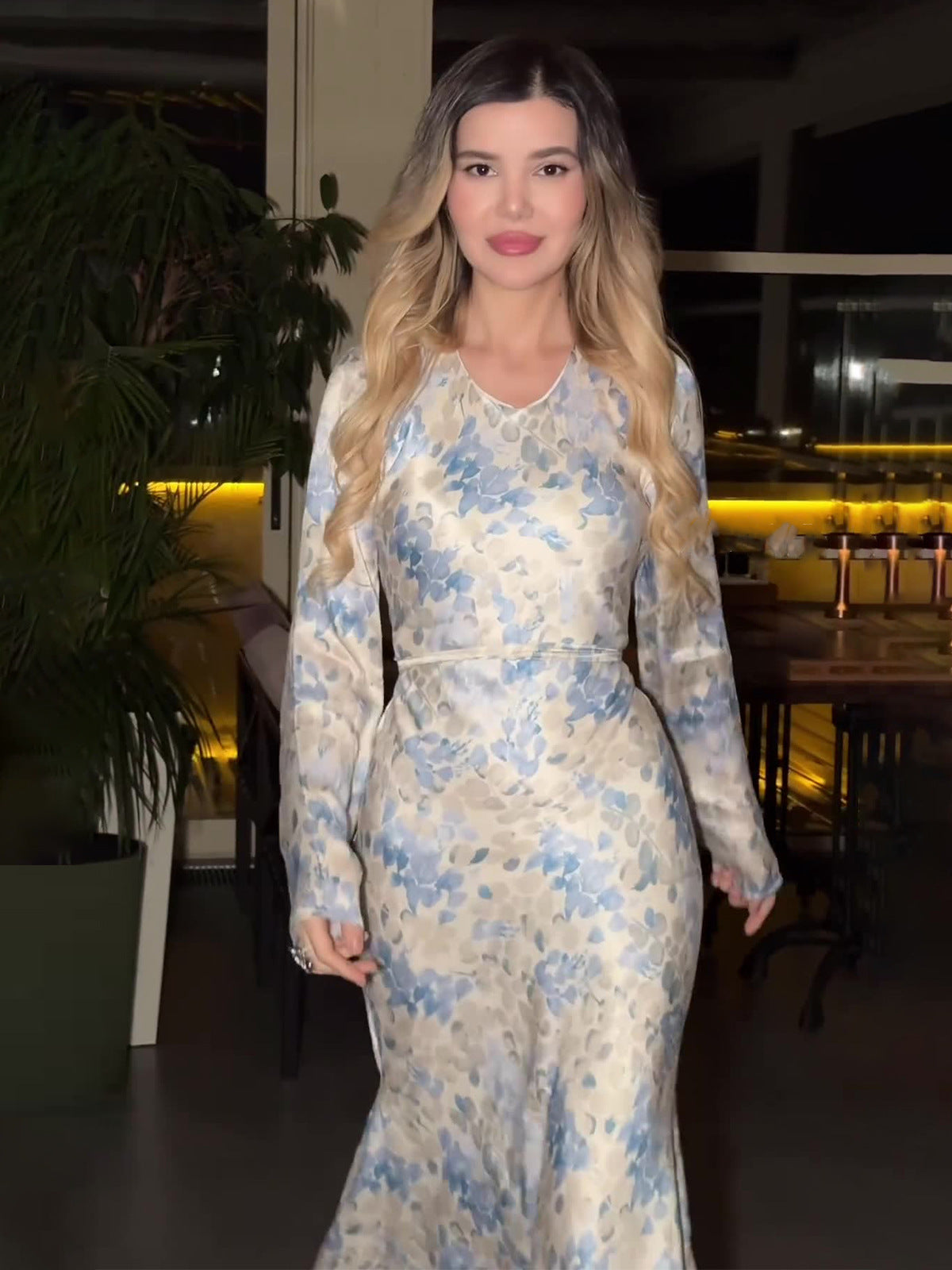 blue Satin floral Print maxi Dress
