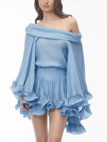 Off-shoulder petal-sleeve ruffled mini skirt set - blue