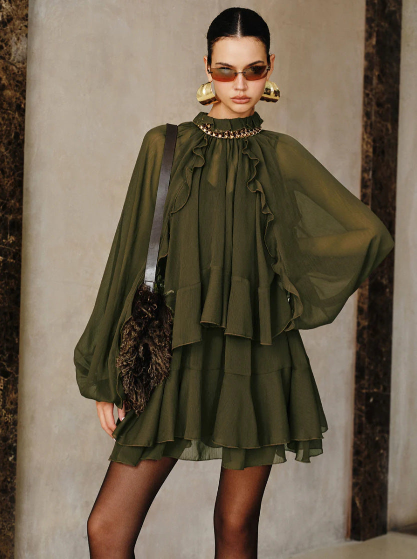 green ruffled tail mini dress