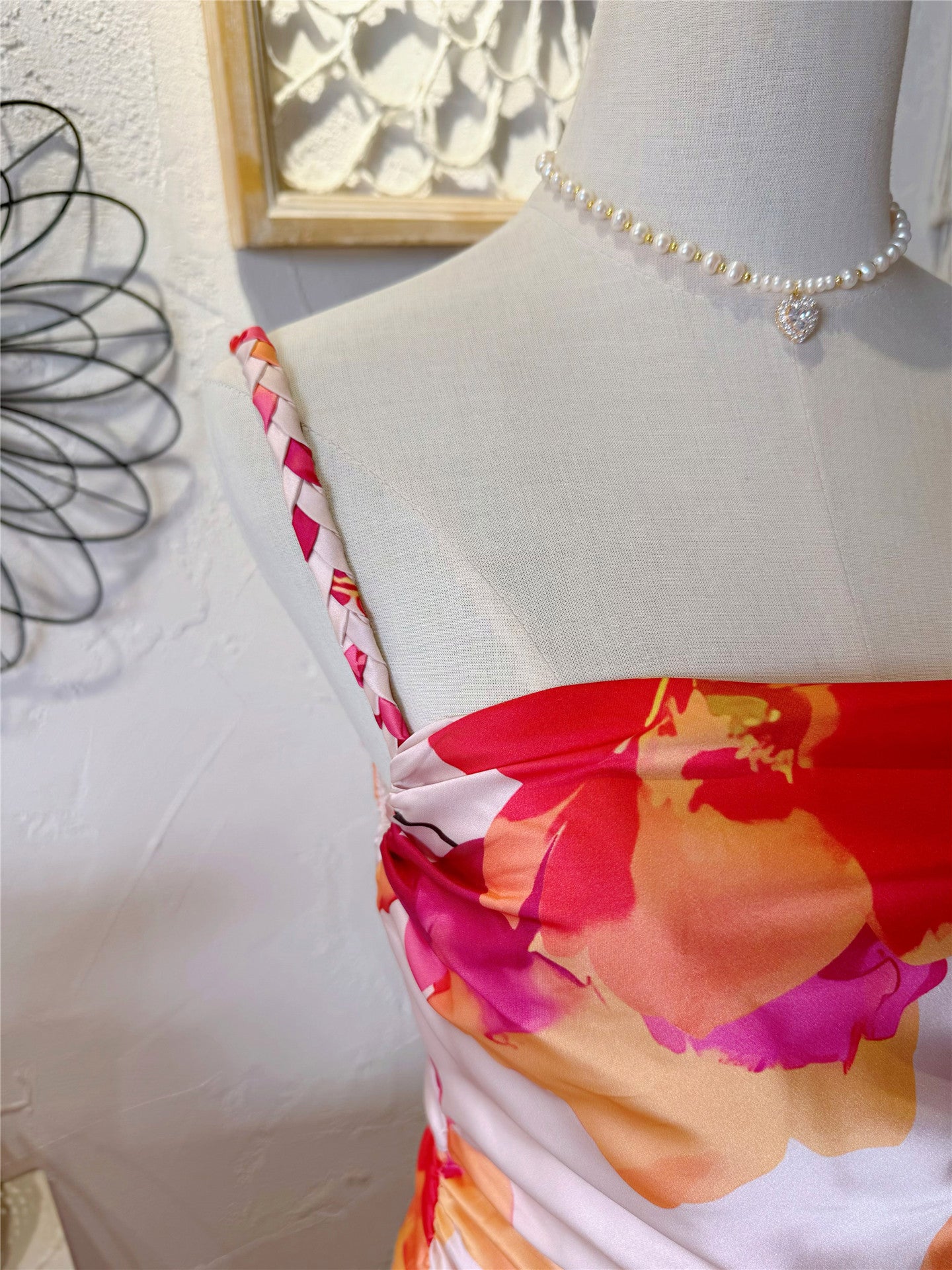 satin floral wavy collar woven spaghetti strap slit dress