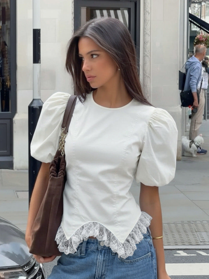 white irregular hem lace patchwork puff sleeves  short sleeve shirt