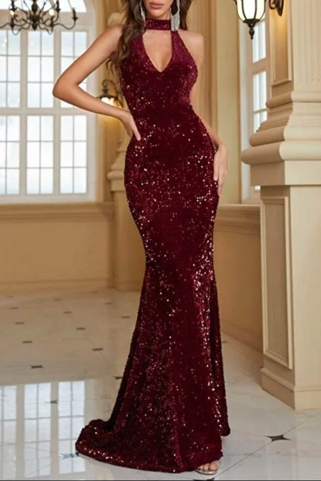 red wine suspender sequin fishtail dress