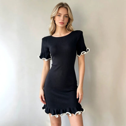 Ruffled Short-Sleeve Knit Dress with Rolled Cuffs