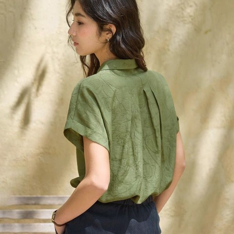 Linen jacquard asymmetrical collared shirt for summer