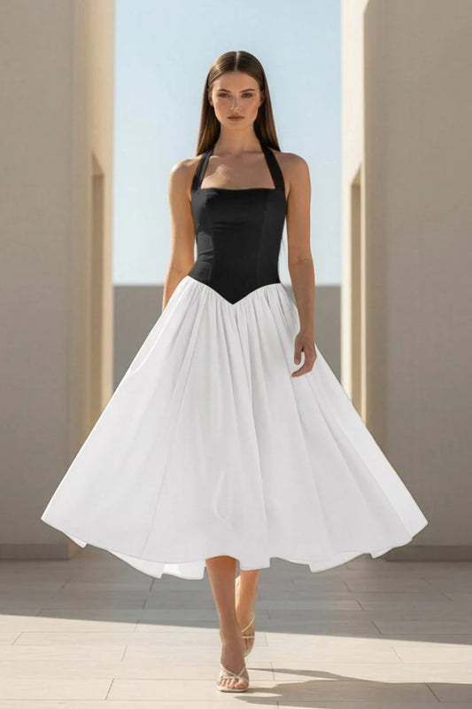 black and white Halter Strappy Backless midi Dress