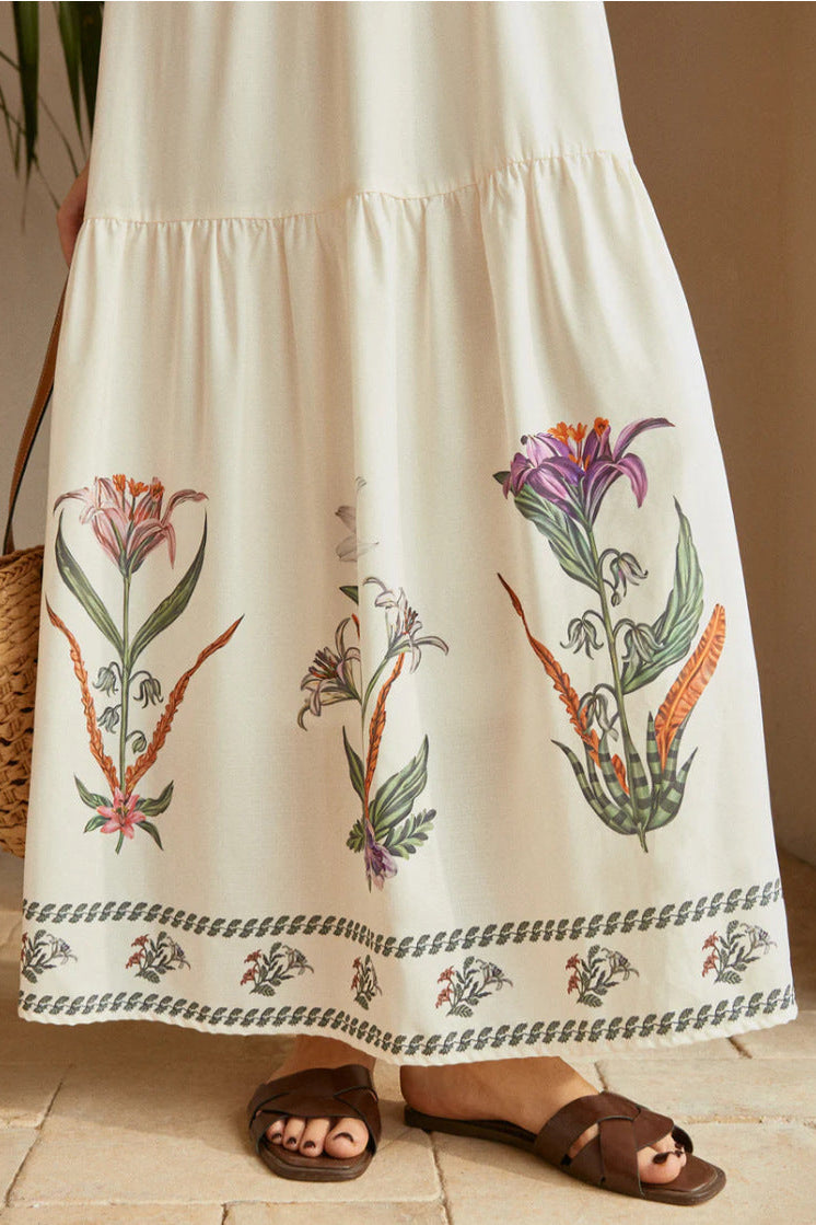 white suspender printed backless beach dress