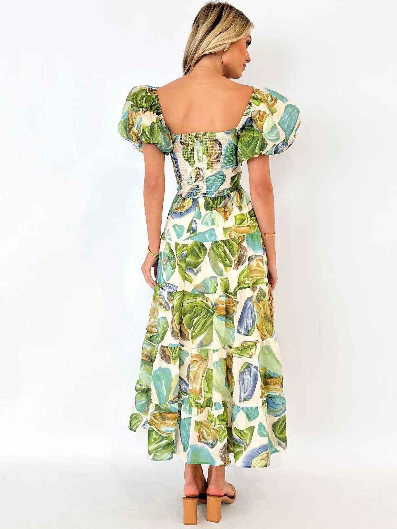 Printed puff-sleeve maxi dress with full flared skirt
