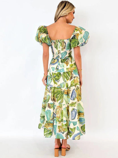 Printed puff-sleeve maxi dress with full flared skirt