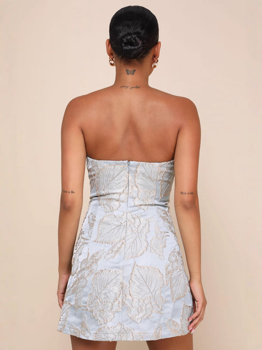 blue bandeau high-waisted flower mini dress
