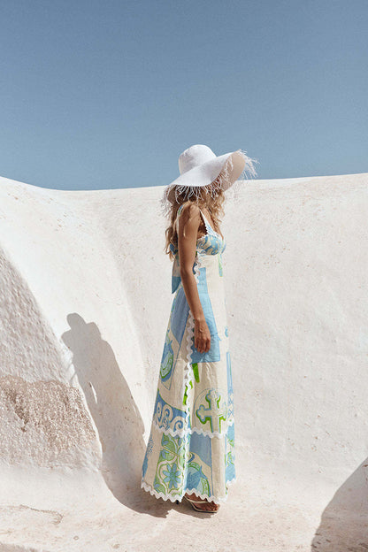 linen print backless bow tie dress
