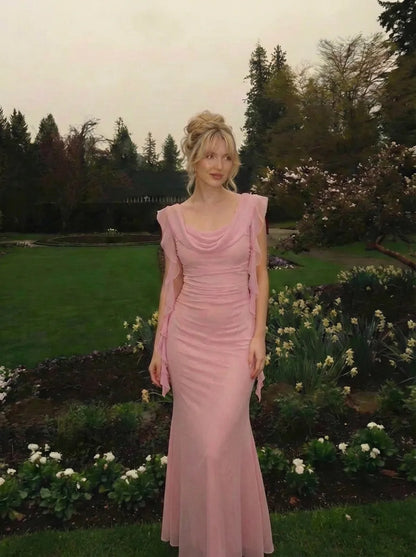 pink Suspender Lace Open Back Ruffle Dress