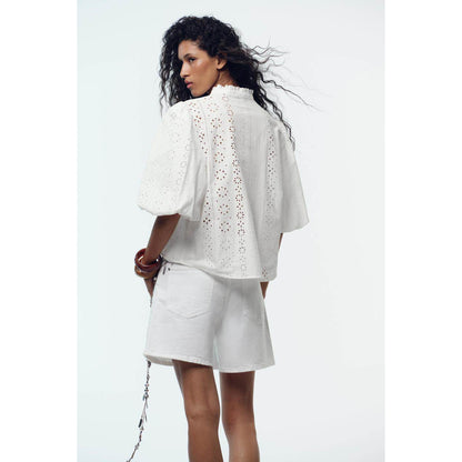 Loose Bubble Short-Sleeve Hollow Embroidered V-Neck Shirt