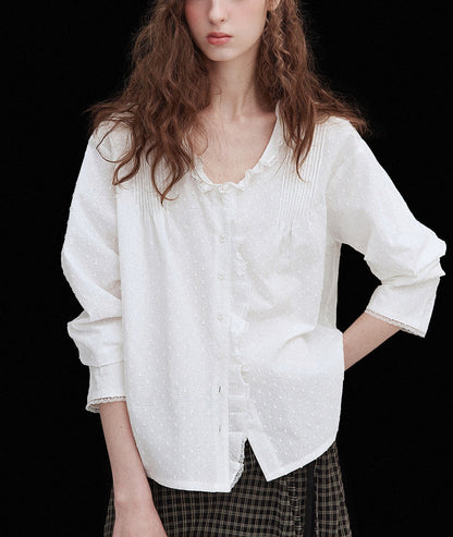 Ruffled lace trim deep V-neck shirt