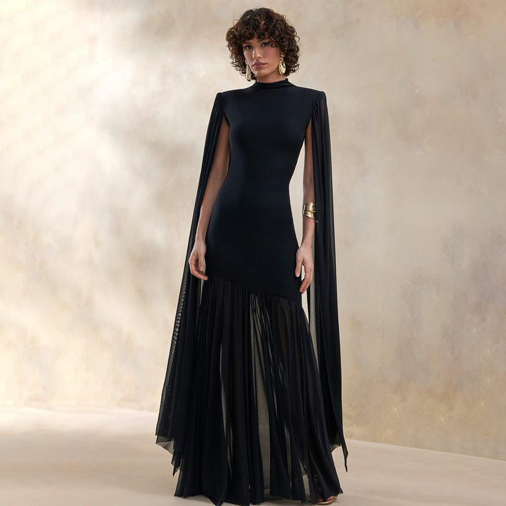 black mesh streamer maxi dress