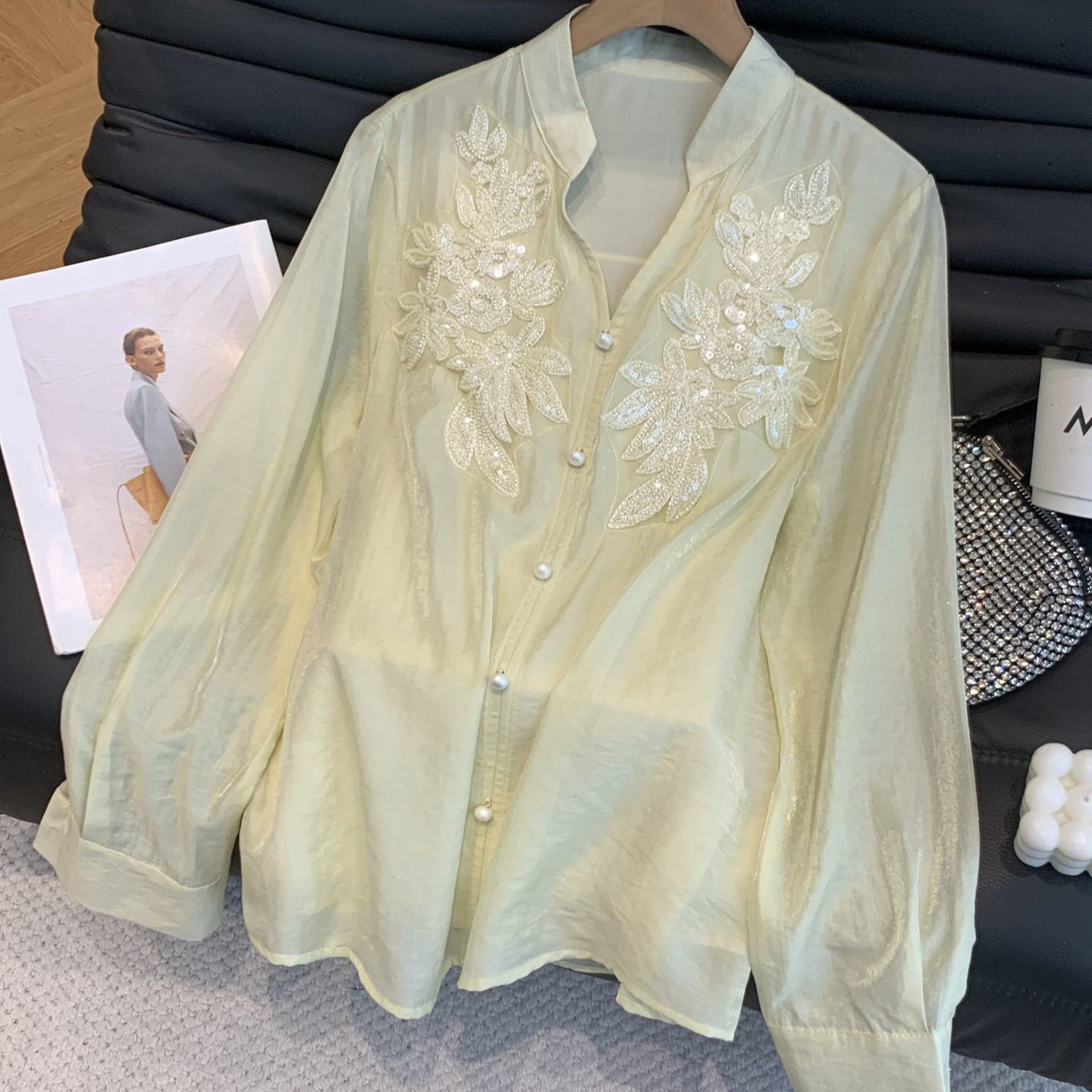 V-neck shirt with 3D sequined floral patchwork