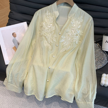 V-neck shirt with 3D sequined floral patchwork