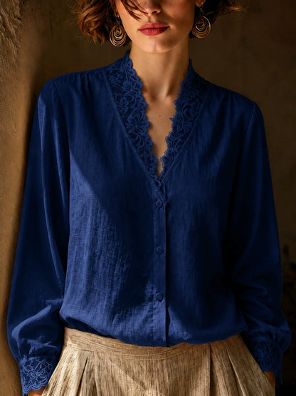 French-style V-neck Lace-panel Blouse