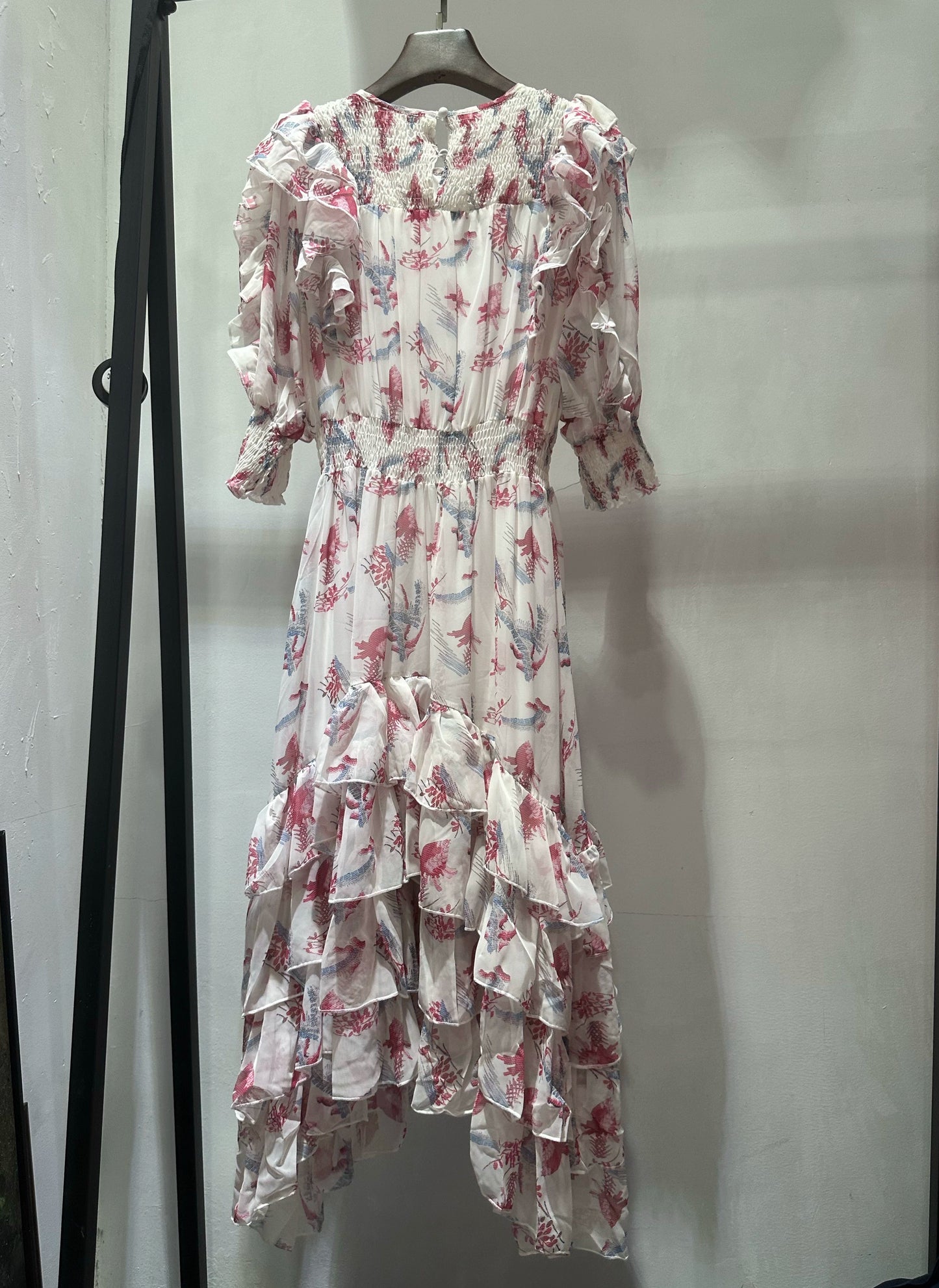 pink ruffled elastic midi dress