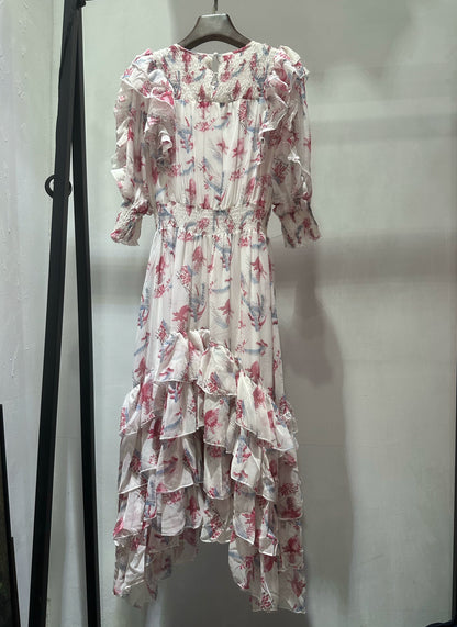 pink ruffled elastic midi dress