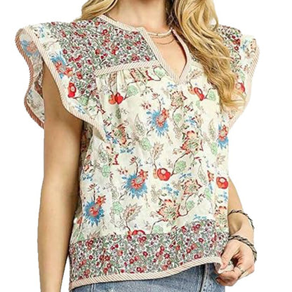 V-neck short-sleeve floral embroidery top