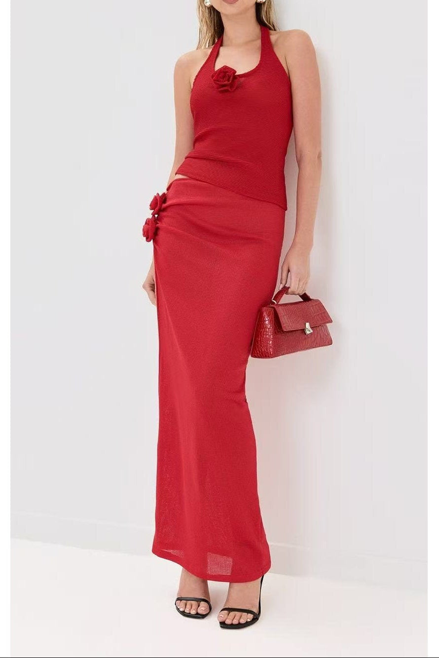 Red Knit Sheer Flower Skirt