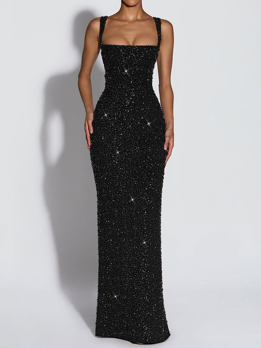 black sequin suspender evening dress