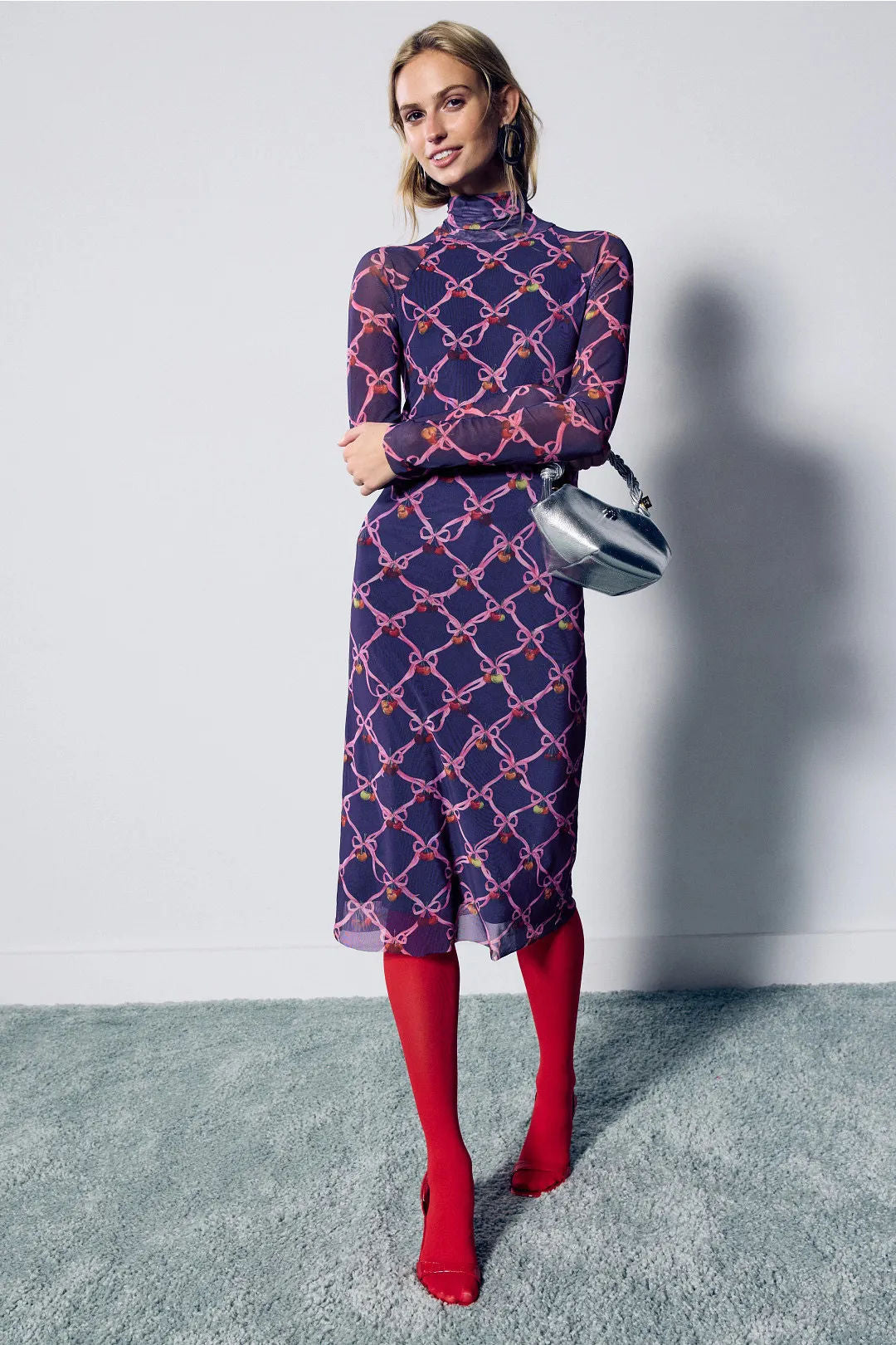 Sheer Mesh midi Dress with Multicolored Polka Dots