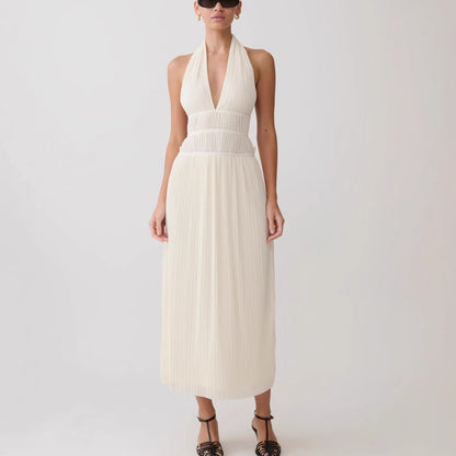 white halter pleated backless maxi dress