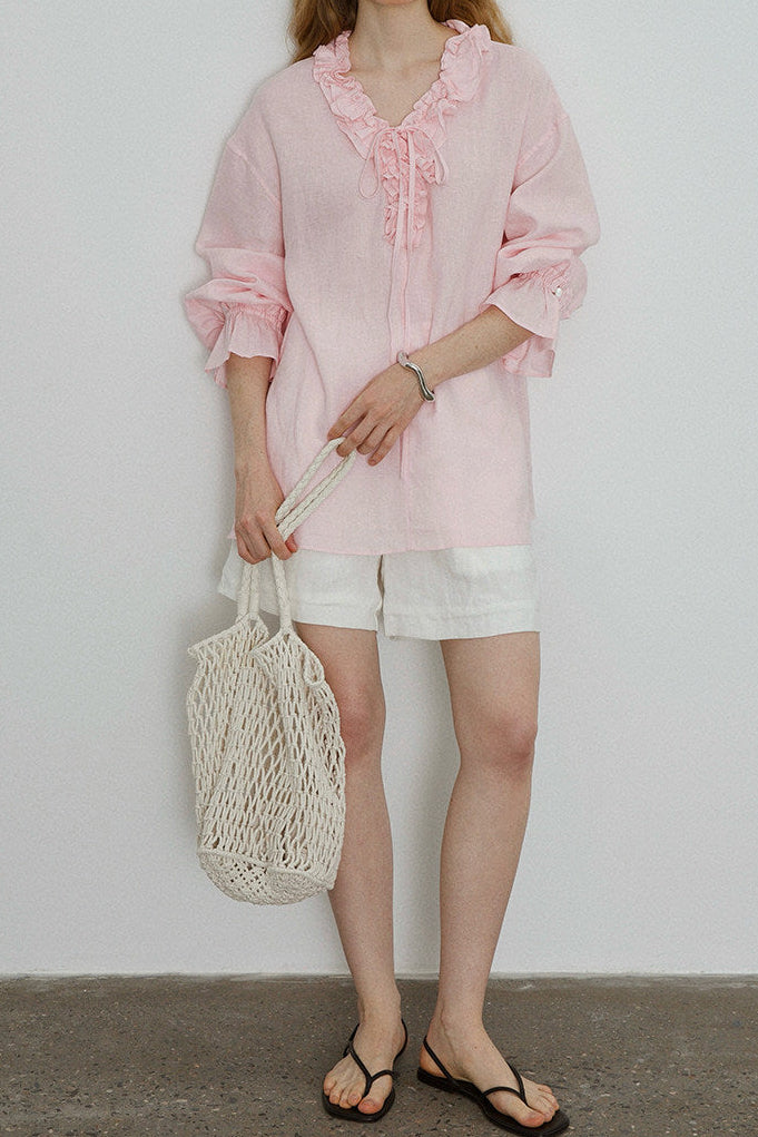 pink V-Neck Tie Shirt