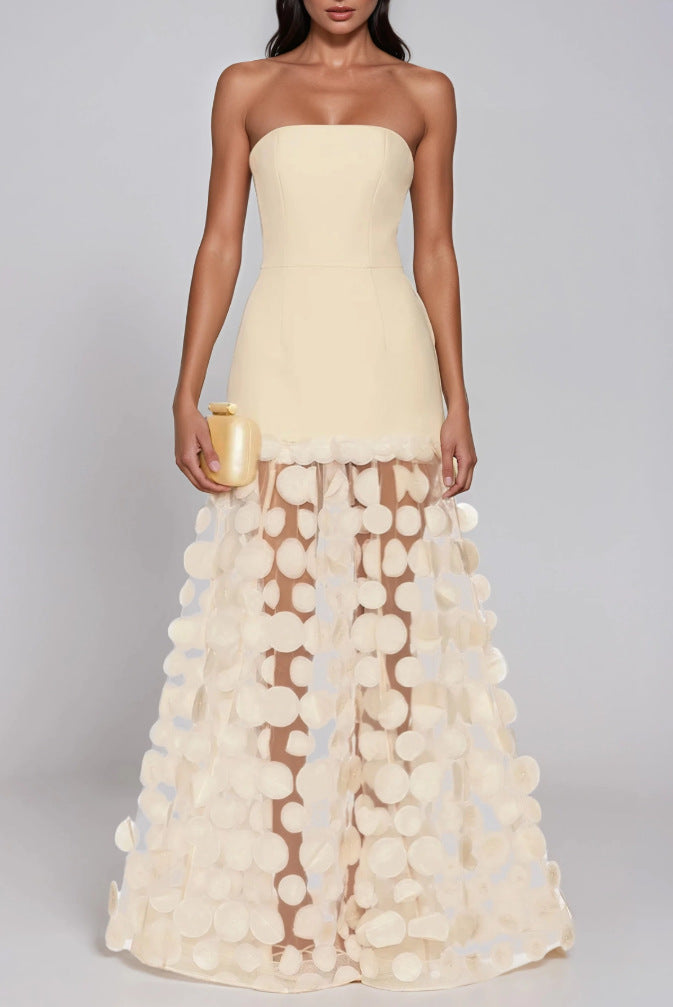 champagne banquet bandeau flow high-gloss sequin maxi dress