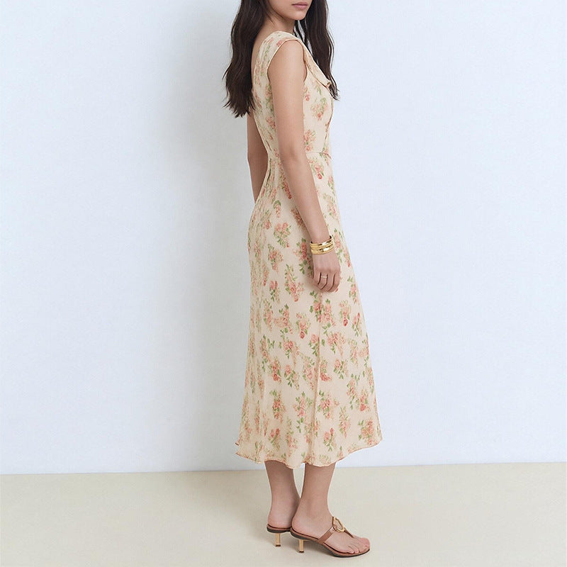 V-neck floral lace-up slim dress