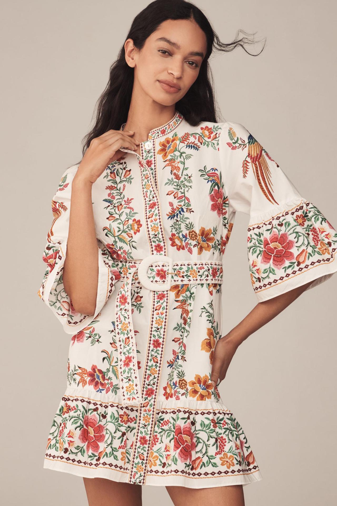 V-neck linen printed lantern sleeve ruffled mini dress