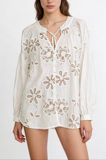 lower embroidery versatile stand-up collar long sleeve shirt