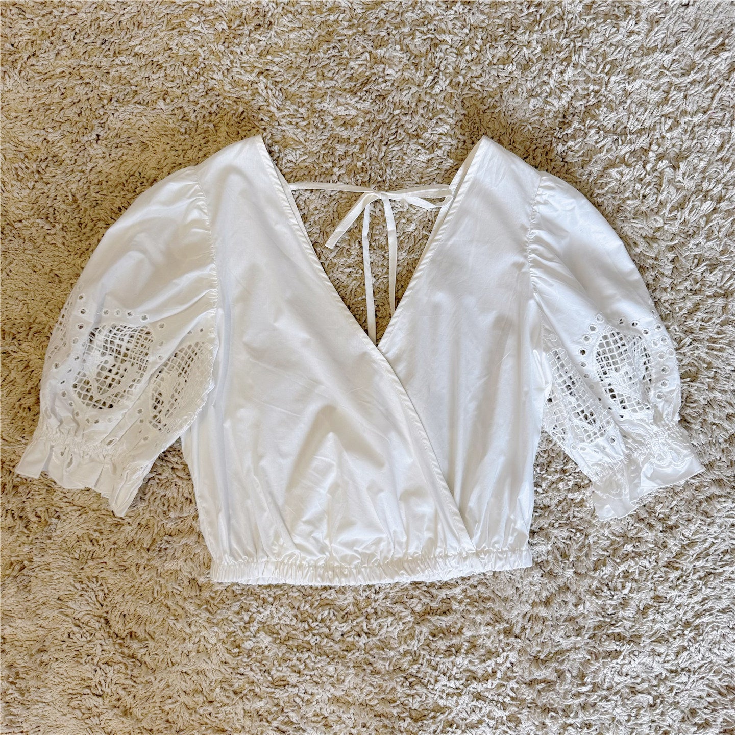 crochet cut-out V-neck casual cotton shirt top