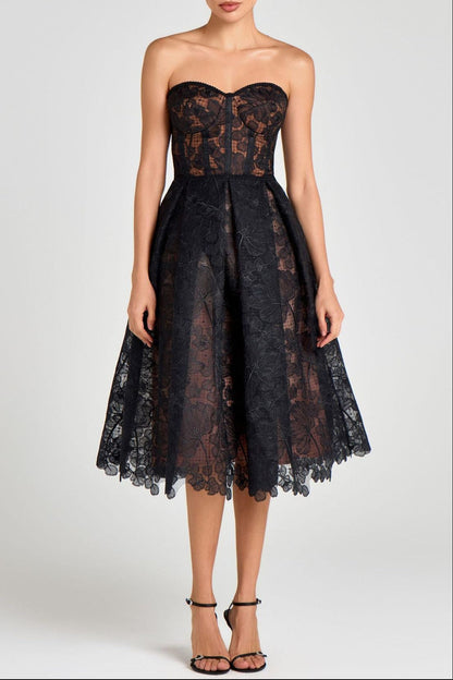 AGNENS Black Sexy Strapless Embroidered Lace Midi Dress