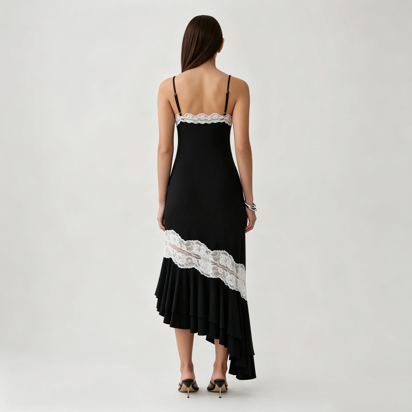 Black V-neck camisole maxi dress with asymmetrical lace splicing & cut-out