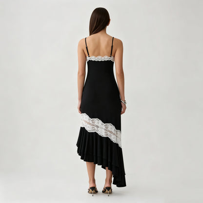 Black V-neck camisole maxi dress with asymmetrical lace splicing & cut-out