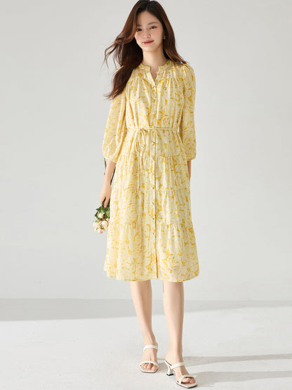 rachel floral puff sleeve midi dress - yellow
