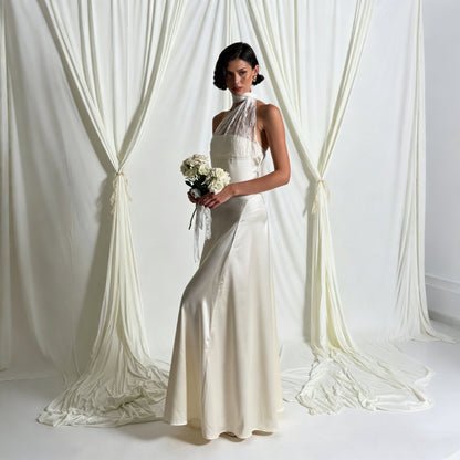 white halterneck lace patchwork satin dress