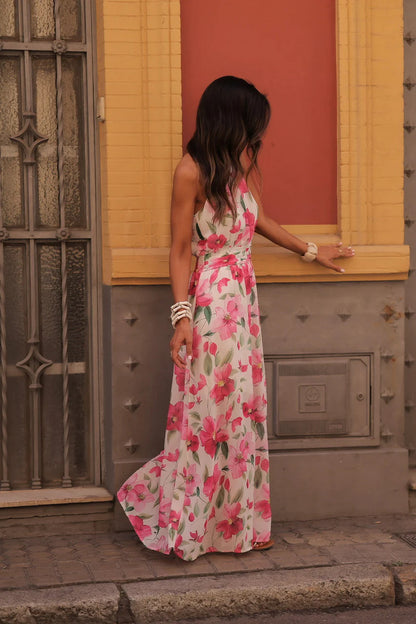 Printed Wrap-Style halter Ruched Maxi Dress - whtie & red